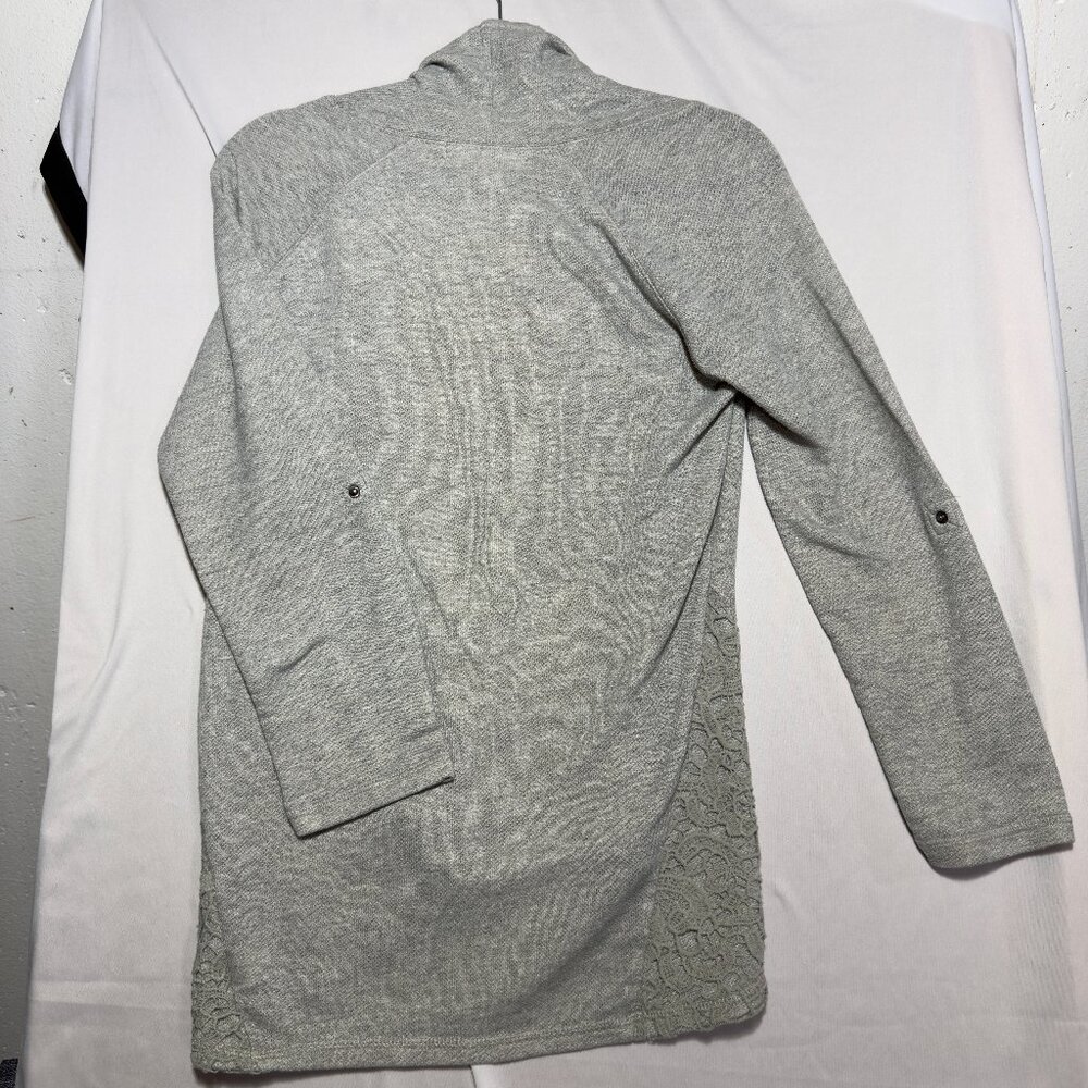 French Laundry Gray Cowl Neck Sweater Roll Tab Raglan Lace Womens Large